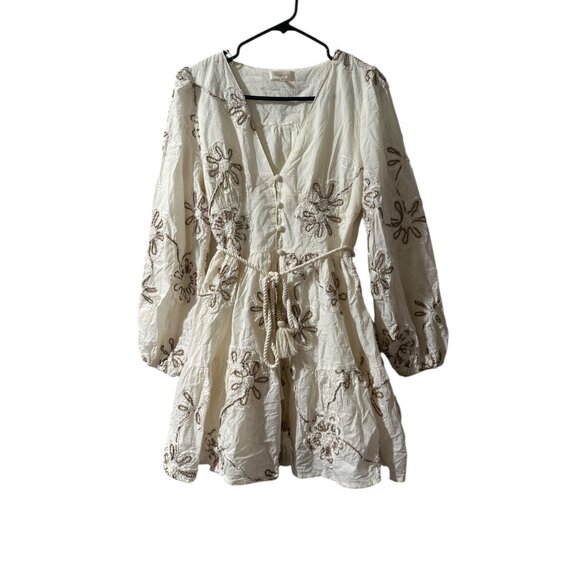 Camellia Embroidered 3D Floral Cottage Mini Dress Women Medium Cream Puff Sleeve - Picture 3 of 16
